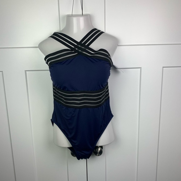 NWT Hilor One Piece Swimsuit Size 16 Navy Blue Black Sheer Straps - Picture 4 of 7